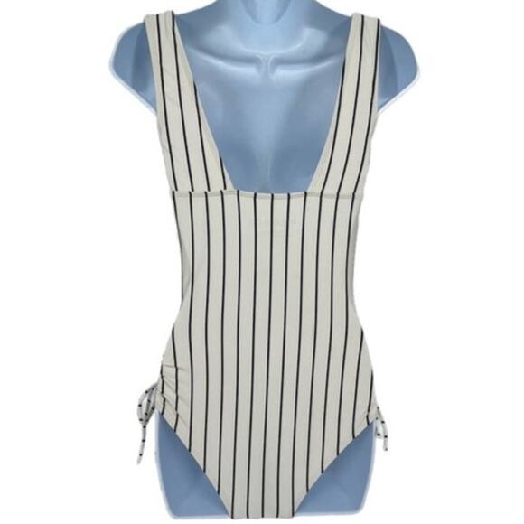 Swimsuit Cream & Black Striped Traditional Side Gathered One Piece Size Small - Picture 4 of 6